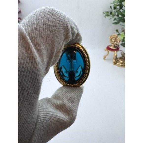 TRIFARI TM Blue Cabochon Earrings Elegant Oval Clip On Acrylic Anchor Design - Picture 11 of 16